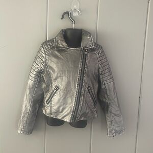 IKKS Kids Silver Jacket Vegan Leather Chic Zipper Motorcycle Grunge Girls size 6